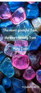 A vibrant image of translucent pink and blue pebbles with an inspirational quote: "The more grateful I am, the more beauty I see" by Mary Davis, emphasizing gratitude and mindfulness. Perfect for a mobile wallpaper or digital download.
