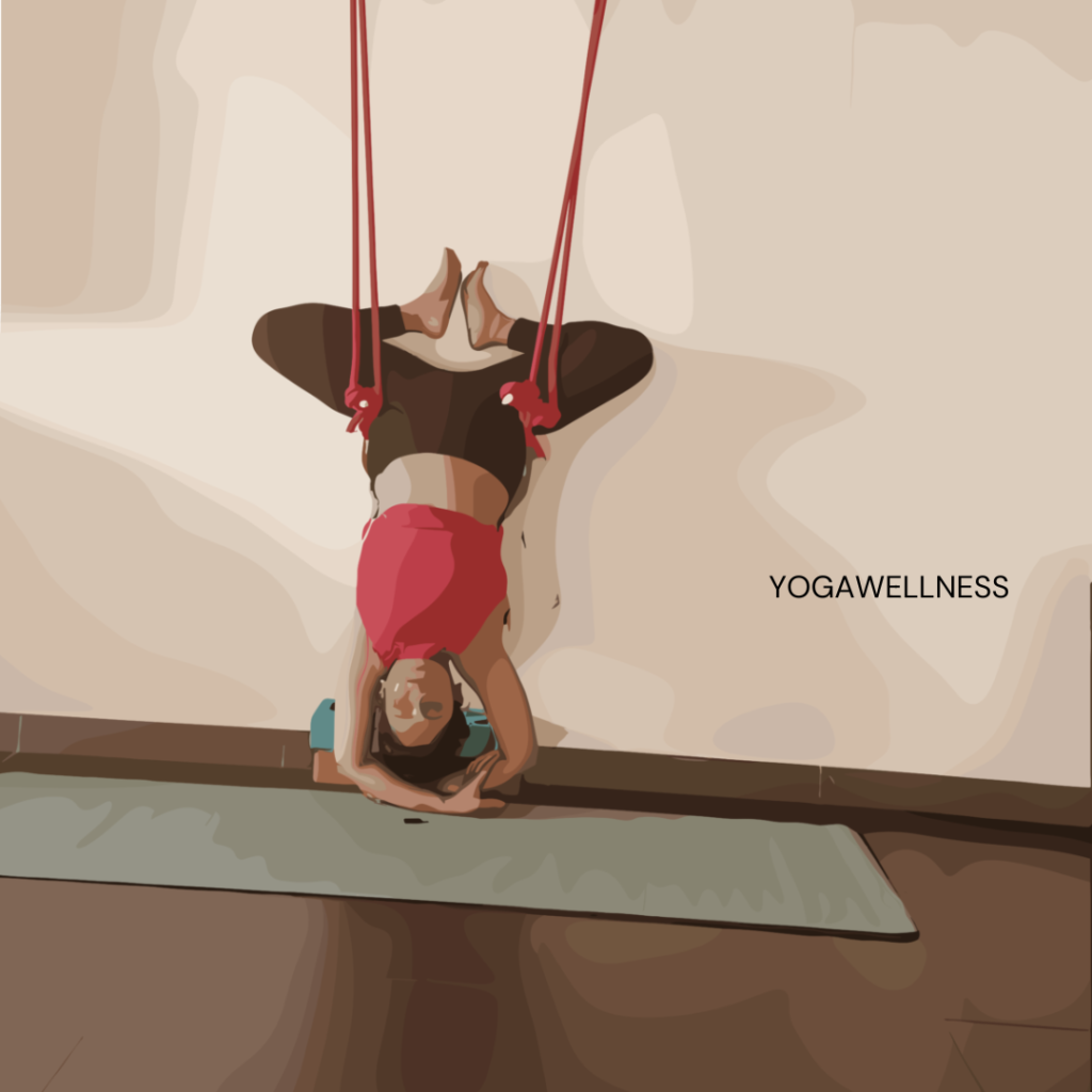 Vector illustration of a lady practicing Sirsasana (Headstand) with wall ropes.
