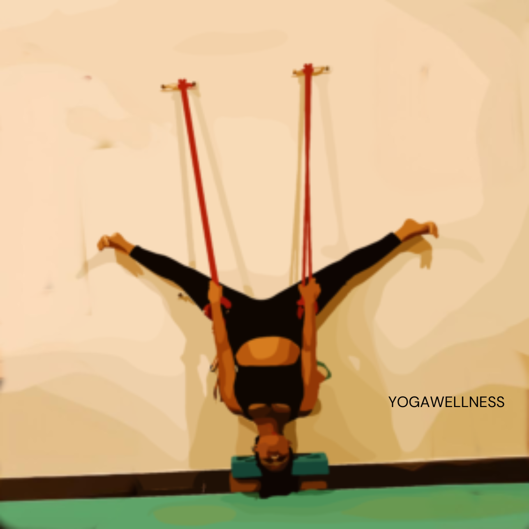 Vector illustration of a lady practicing Sirsasana (Headstand) with ropes.