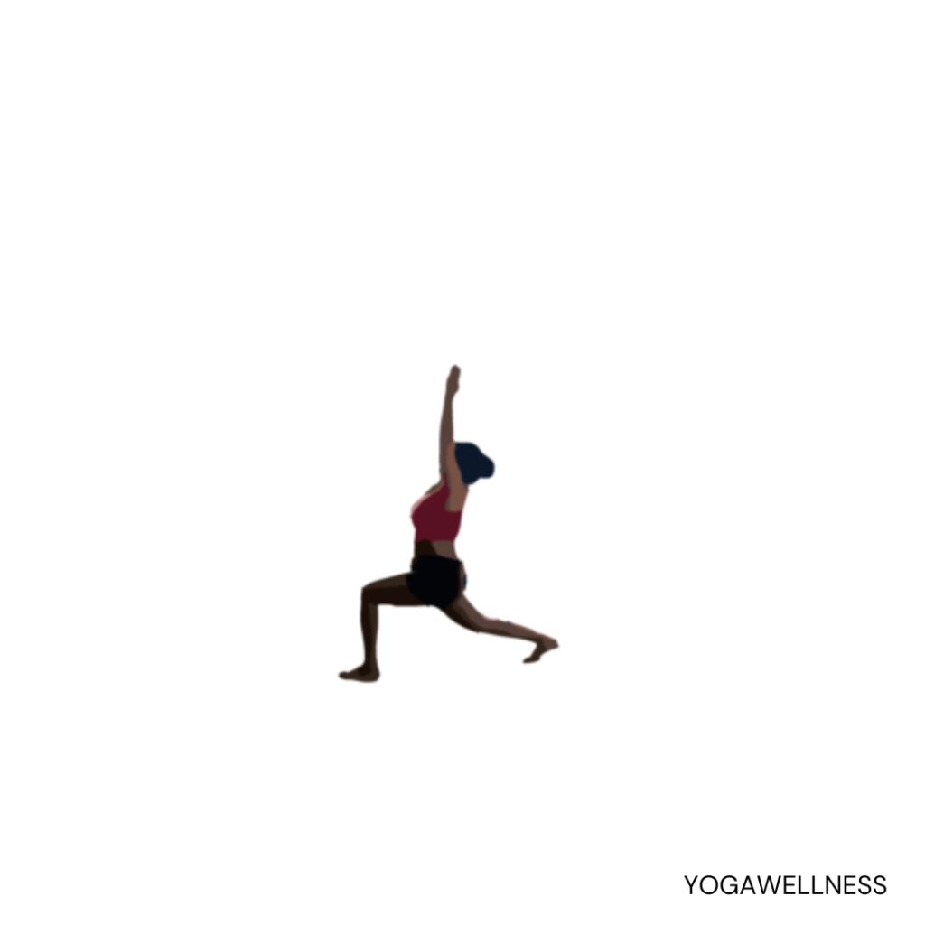 Vector illustration of a lady practicing Warrior 1 (Virabhadrasana I) pose.