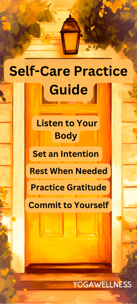 Self-Care Practice Guide mobile wallpaper featuring a yellow door with five self-care tips: Listen to Your Body, Set an Intention, Rest When Needed, Practice Gratitude, and Commit to Yourself, designed by YogaWellness