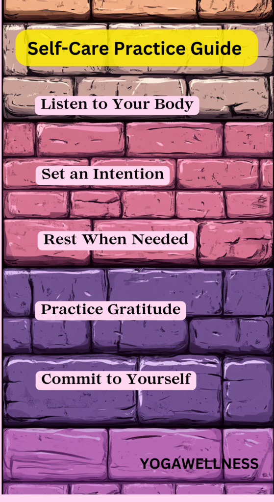 Self-Care Practice Guide mobile wallpaper featuring a colorful brick design with five self-care tips: Listen to Your Body, Set an Intention, Rest When Needed, Practice Gratitude, and Commit to Yourself, designed by YogaWellness